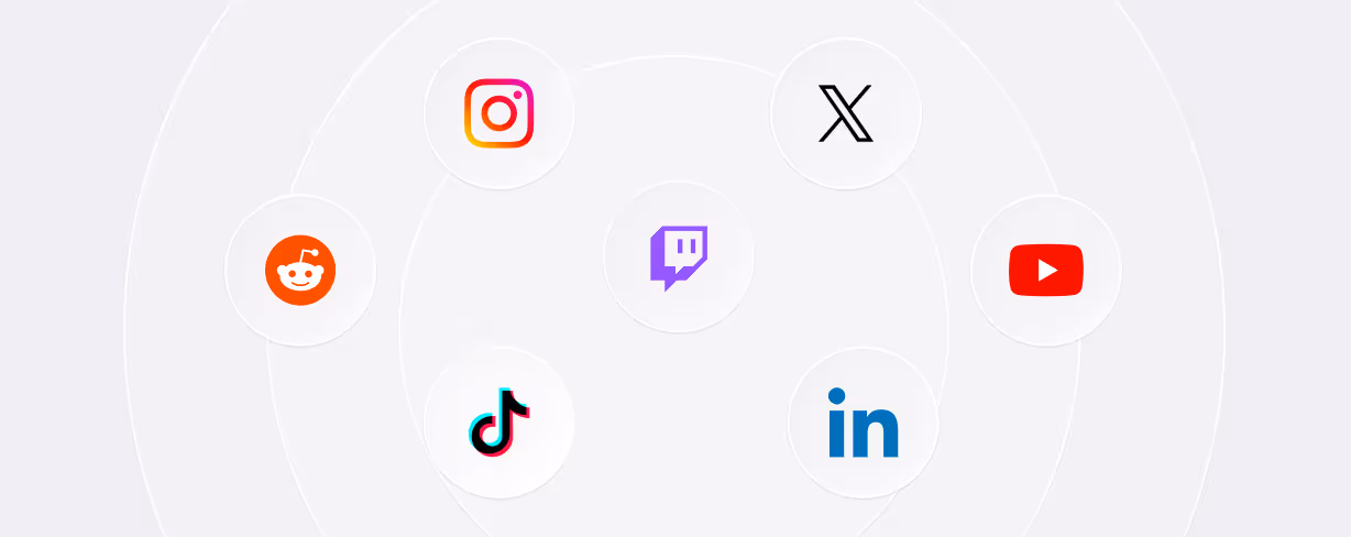 Circles containing logos of social media platforms Instagram, X, Reddit, Twitch, YouTube, TikTok, and LinkedIn on a light gray background.