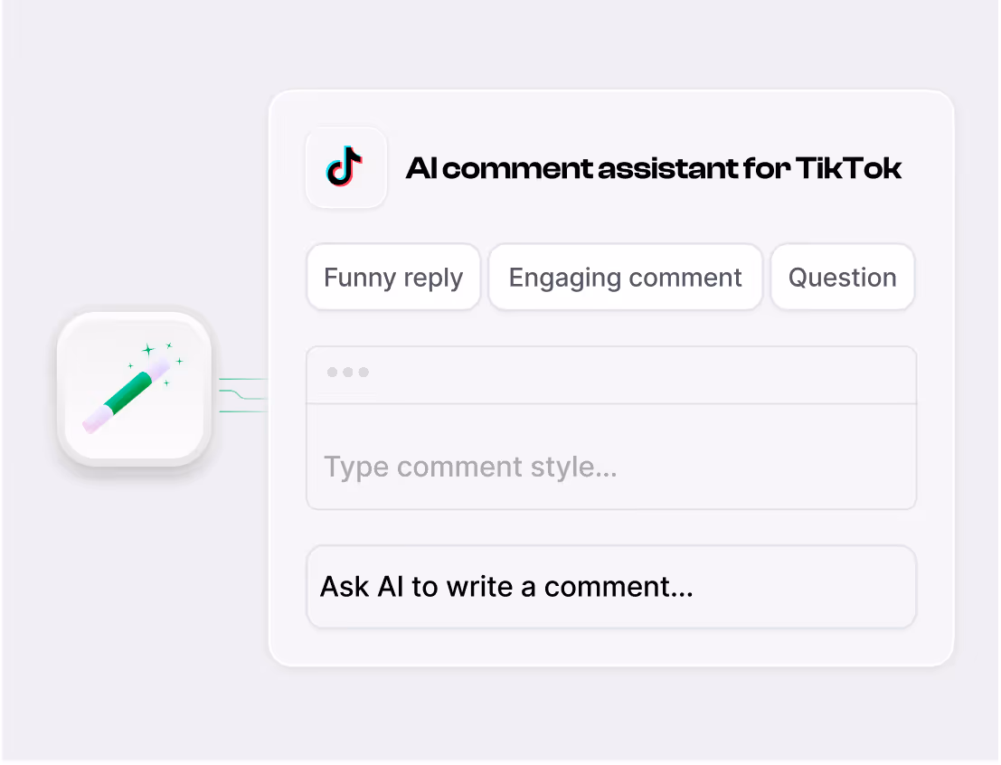User interface of an AI comment assistant for TikTok with options for funny reply, engaging comment, and question, plus a prompt to ask AI to write a comment.