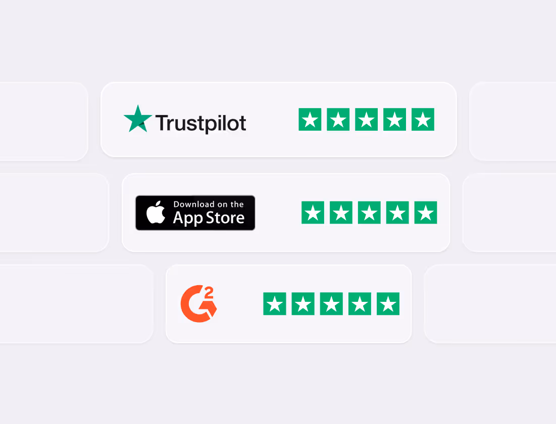 Trustpilot, App Store, and G2 logos each accompanied by a 5-star rating.