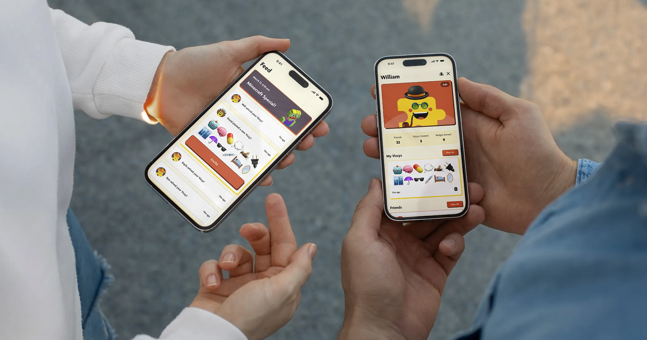 Hands of two people holding mobile devices with Vizzy mockup screens on them.