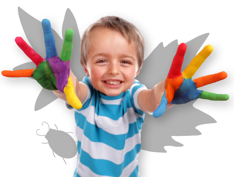 Child with colourful paints allover his hands
