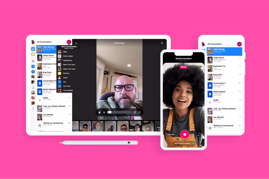 Tablet and two smartphones display video call and chat interfaces on a bright pink background with a white stylus below the tablet.