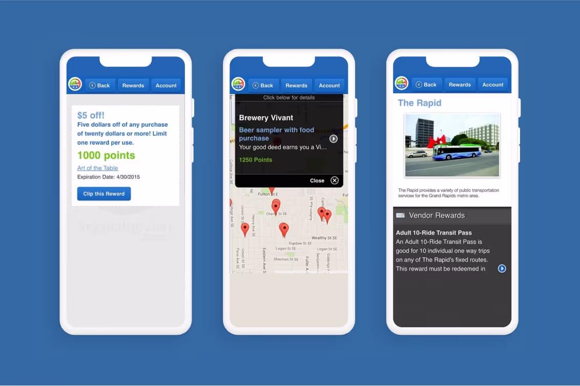 Three smartphone screens showing a rewards app interface with offers, a map with locations pinned, and public transit rewards details.