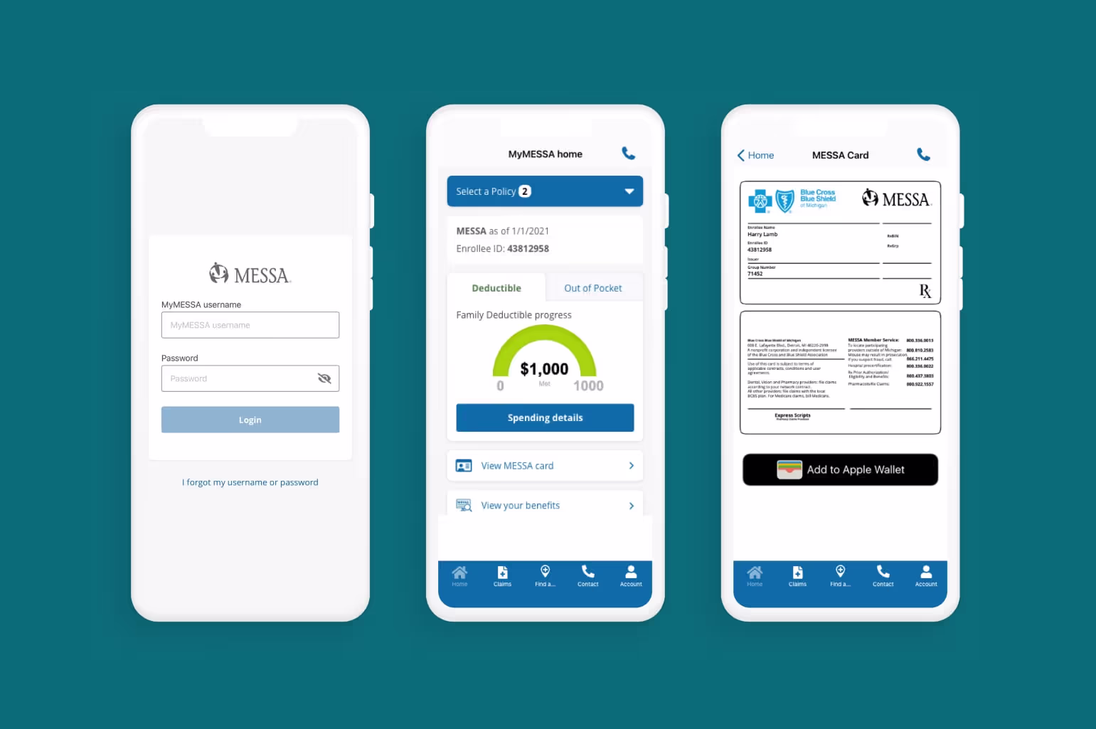 Three smartphones displaying the MESSA app with login screen, deductible progress dashboard, and digital MESSA insurance card with option to add to Apple Wallet.