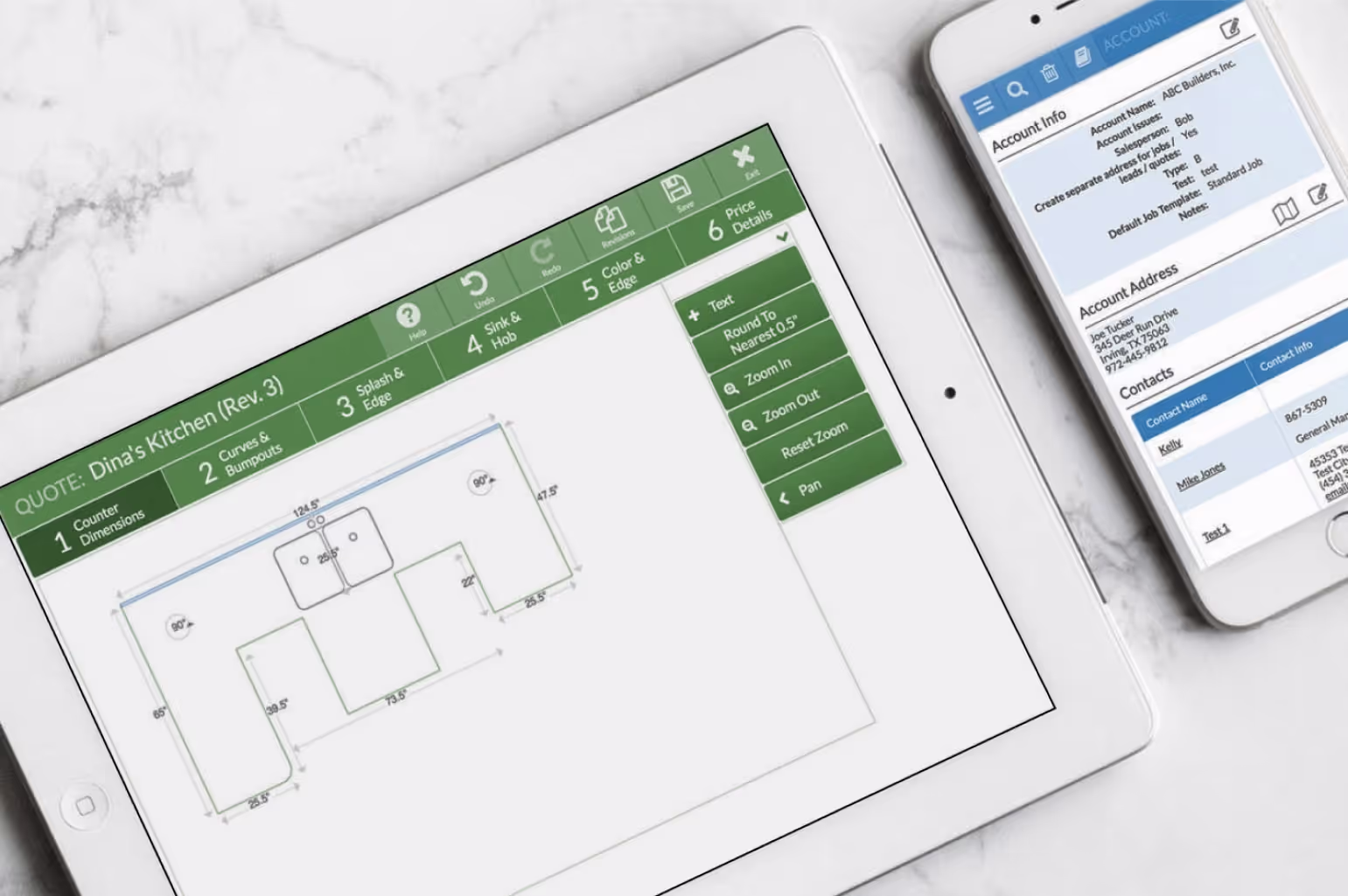 Tablet displaying kitchen counter layout with measurements and options for counter dimensions, curves, bumpouts, splash & edge, sink & hob, color & edge, and price details alongside a smartphone showing account info and contacts.