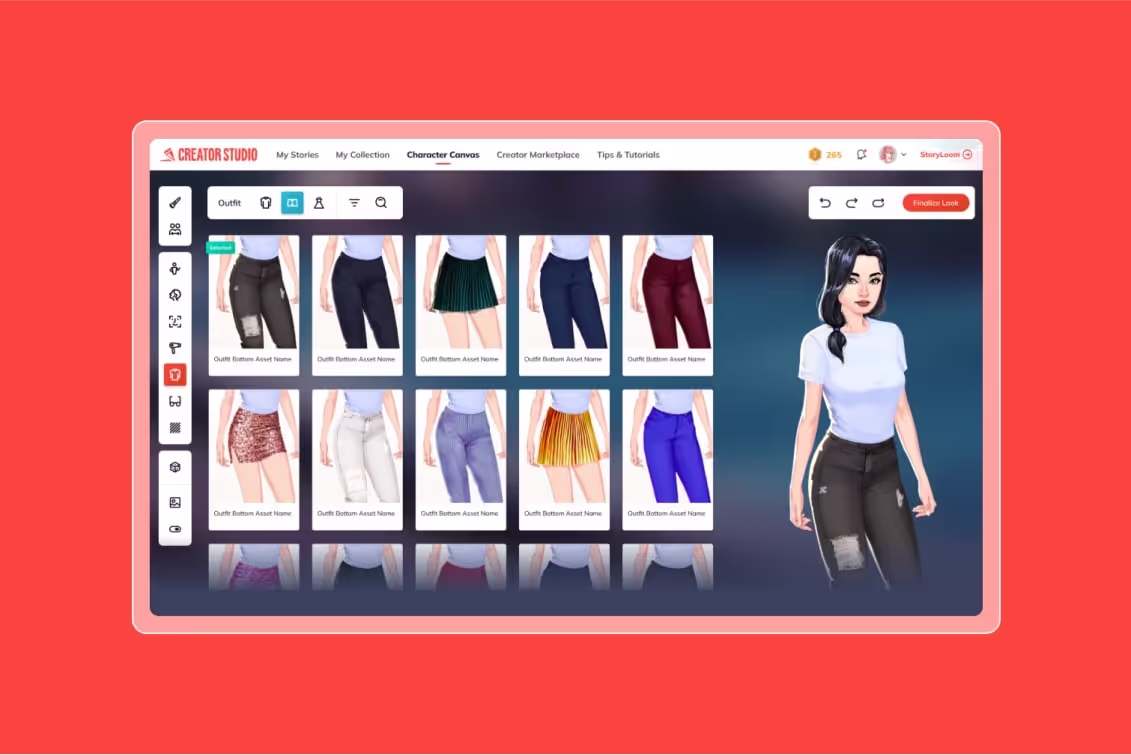 User interface of Creator Studio character customization showing various outfit bottom options and a female avatar wearing a white t-shirt and black ripped pants.