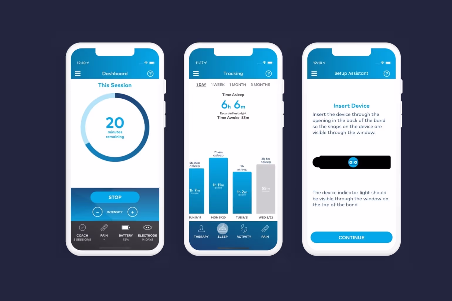 Three smartphone screens showing an app: a dashboard with 20 minutes remaining in a session and control buttons, a tracking screen displaying sleep data with bar charts for four days, and a setup assistant screen with instructions to insert a device into a band.