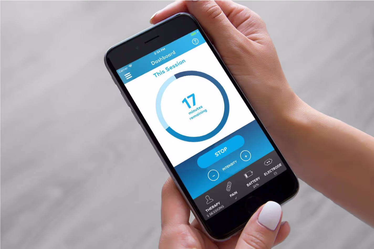 Smartphone screen showing a therapy app dashboard with a timer displaying 17 minutes remaining and options to stop and adjust intensity.