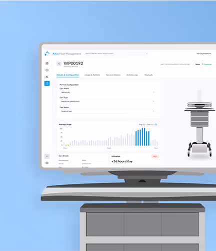 Computer monitor on a desk displaying Atlas Fleet Management software with asset usage graphs and equipment details on a blue background.