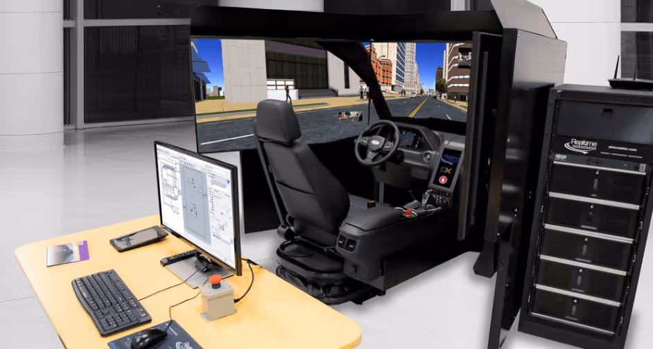 Driving simulator setup with a realistic car seat, steering wheel, dashboard, and large screen showing a city street view, next to a control desk with a keyboard, mouse, and monitor.