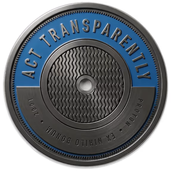 logo featuring the phrase "ACT TRANSPARENTLY" with a textured circular design and year 2001