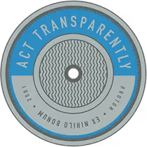 logo featuring the phrase "ACT TRANSPARENTLY" with a textured circular design and year 2001
