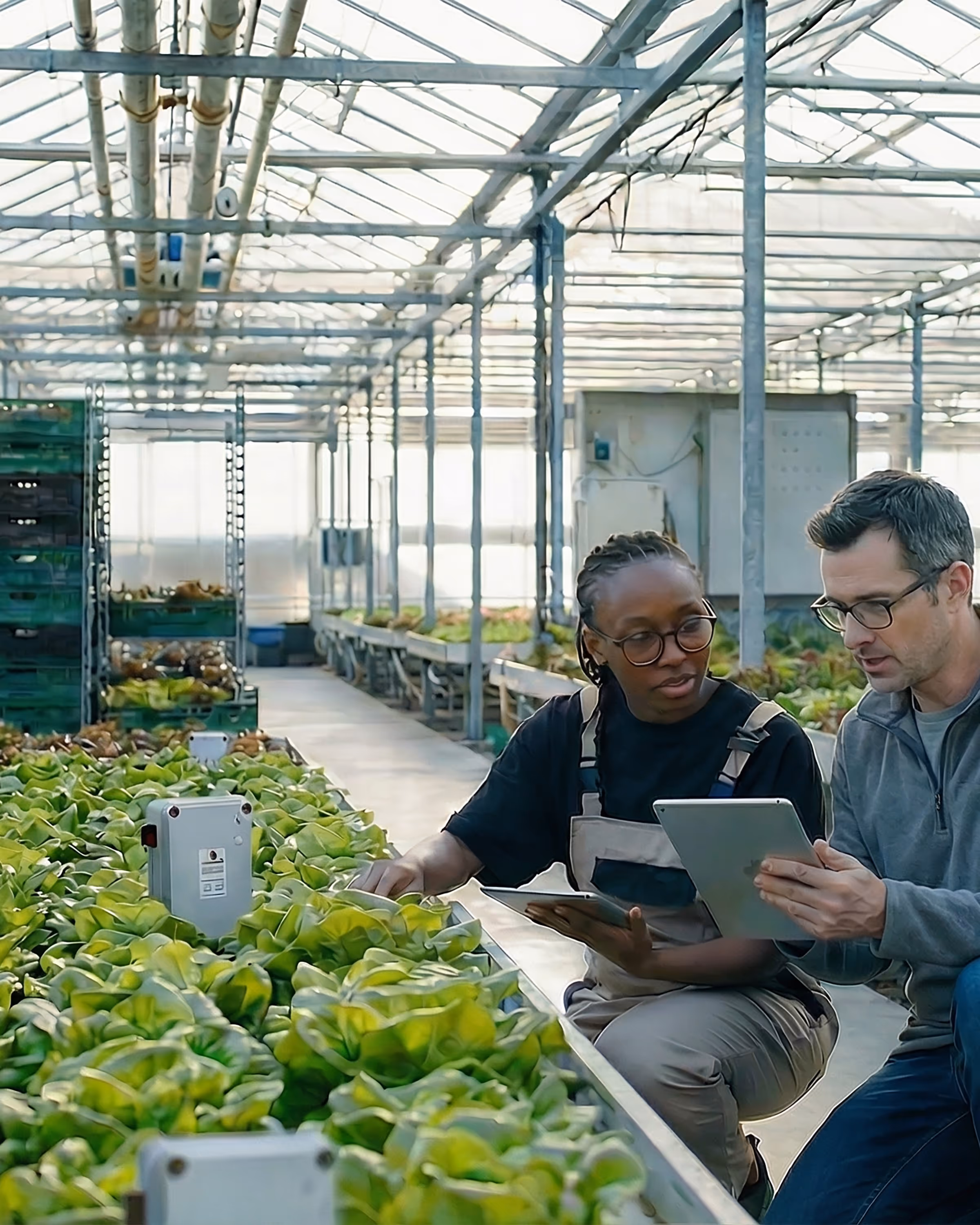 Two agricultural workers in a greenhouse monitor leafy green plants using digital tablets.