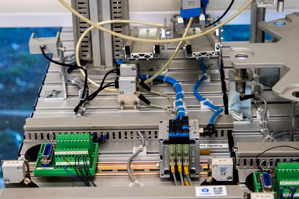 Close-up of an industrial automation setup featuring interconnected metal rails, electronic components, wires, and pneumatic tubes.
