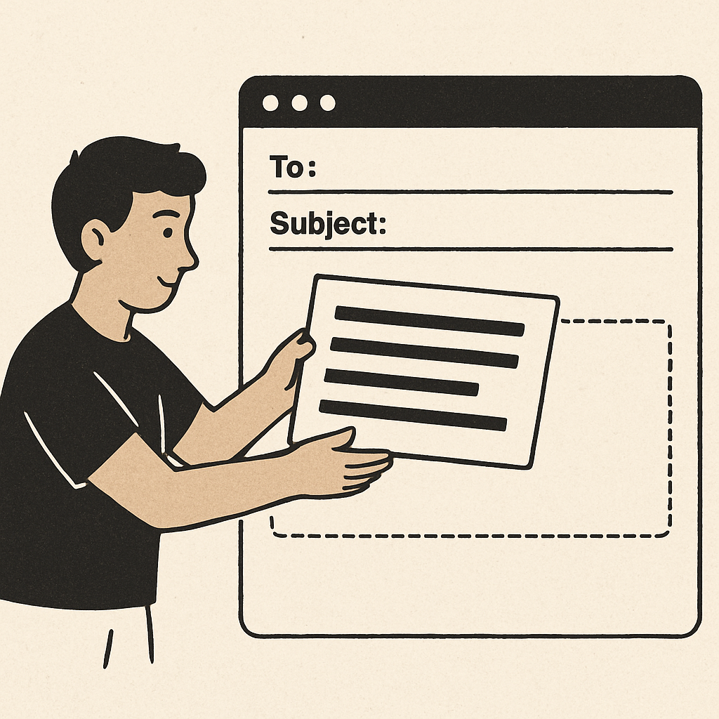 A simple illustration showing a user moving a 'block' of text into an email template.