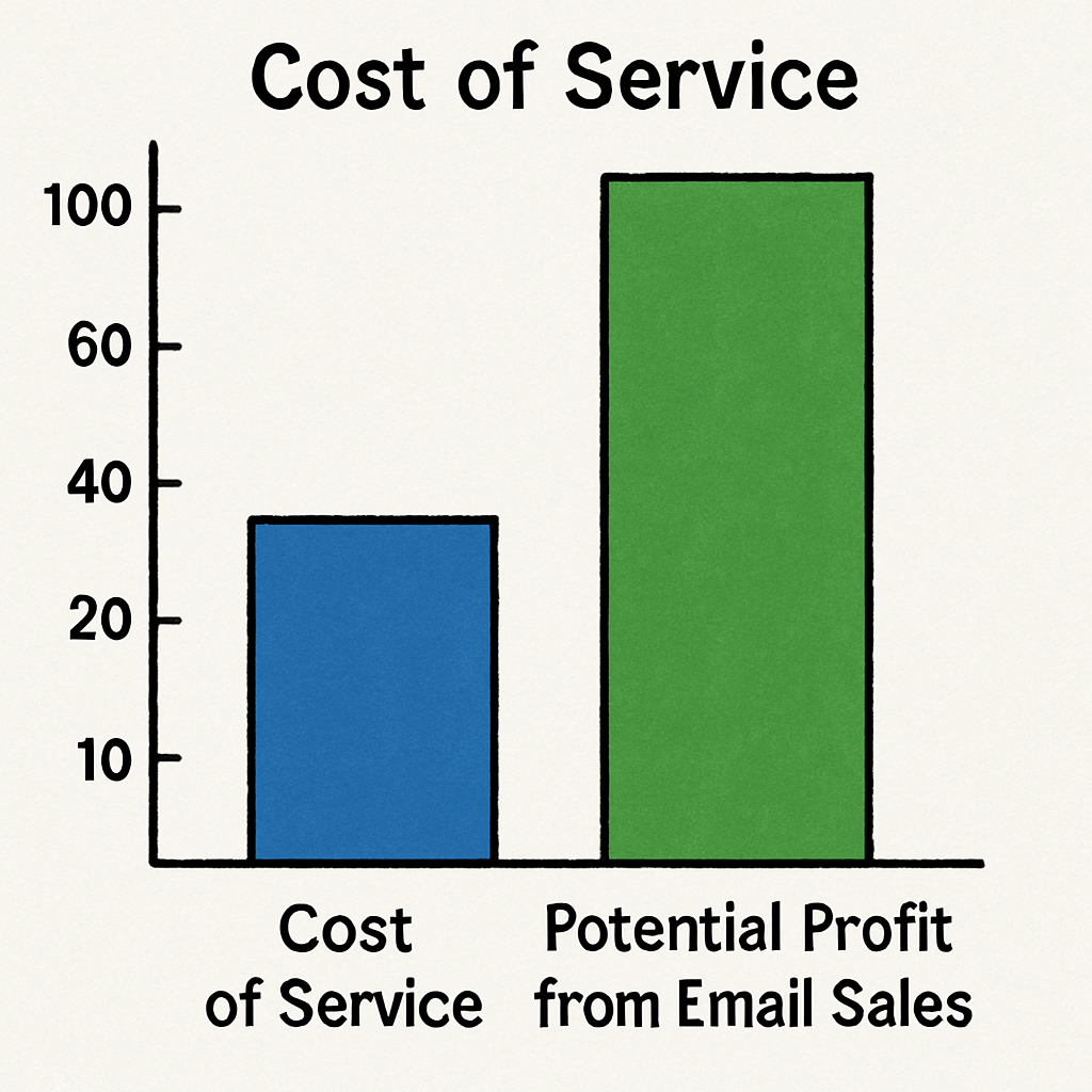 A simple bar chart showing the difference between 'Cost of Service' and 'Potential Profit from Email Sales.'