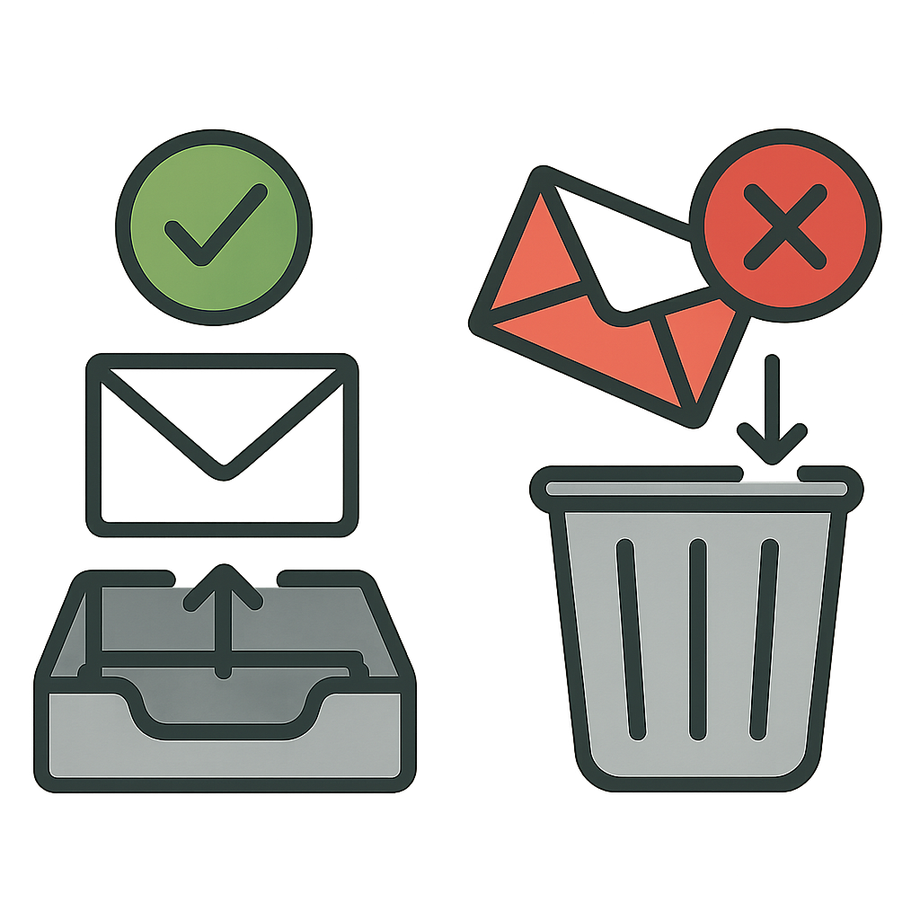A simple graphic of a green checkmark next to an envelope entering an inbox, while a red 'X' envelope goes to a trash can.