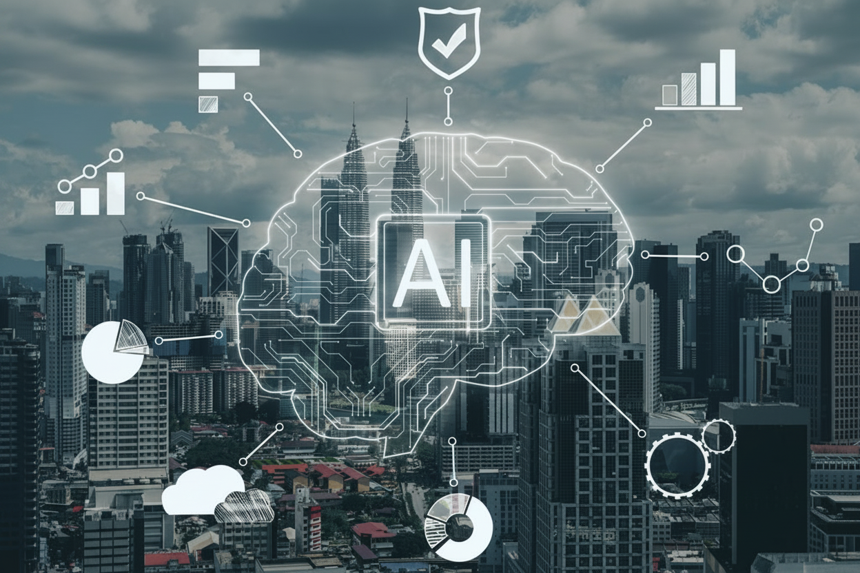 An overlay of a digital, glowing human brain with circuit-board patterns and a central "AI" chip is superimposed over a high-angle view of a dense, modern city skyline under a cloudy sky. Various white icons representing data analytics, cloud computing,.