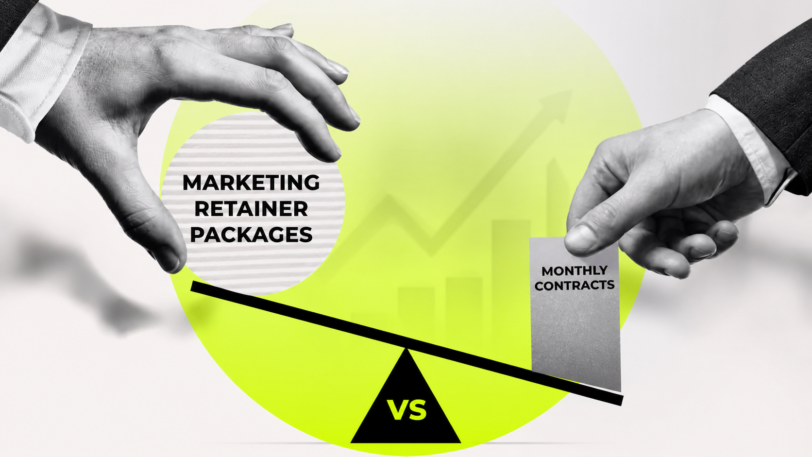 A conceptual graphic comparing two business models on a tilted balance scale. On the left, a higher-positioned platform holds a circular sign that reads "MARKETING RETAINER PACKAGES," held by a hand from above to signify more value.