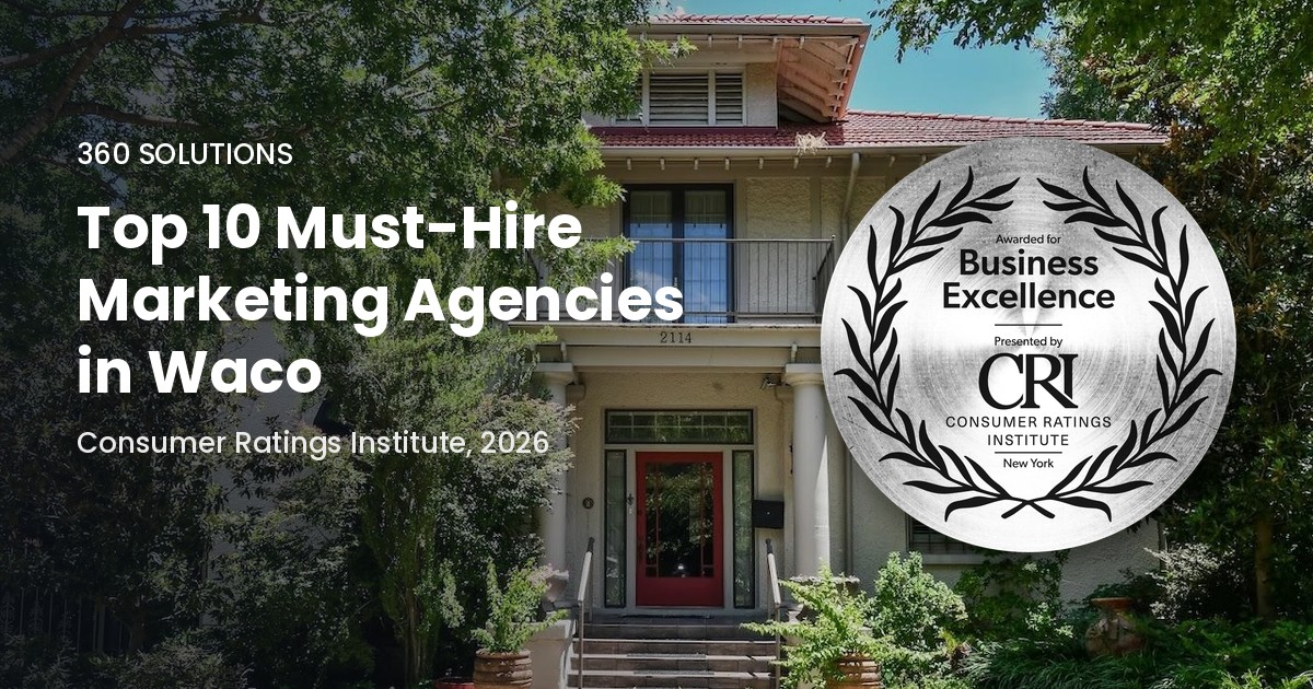 The Consumer Ratings Institute named 360 Solutions a top 10 must-hire marketing agency in Waco, TX, recognizing our 4.8-star rating across client reviews.
