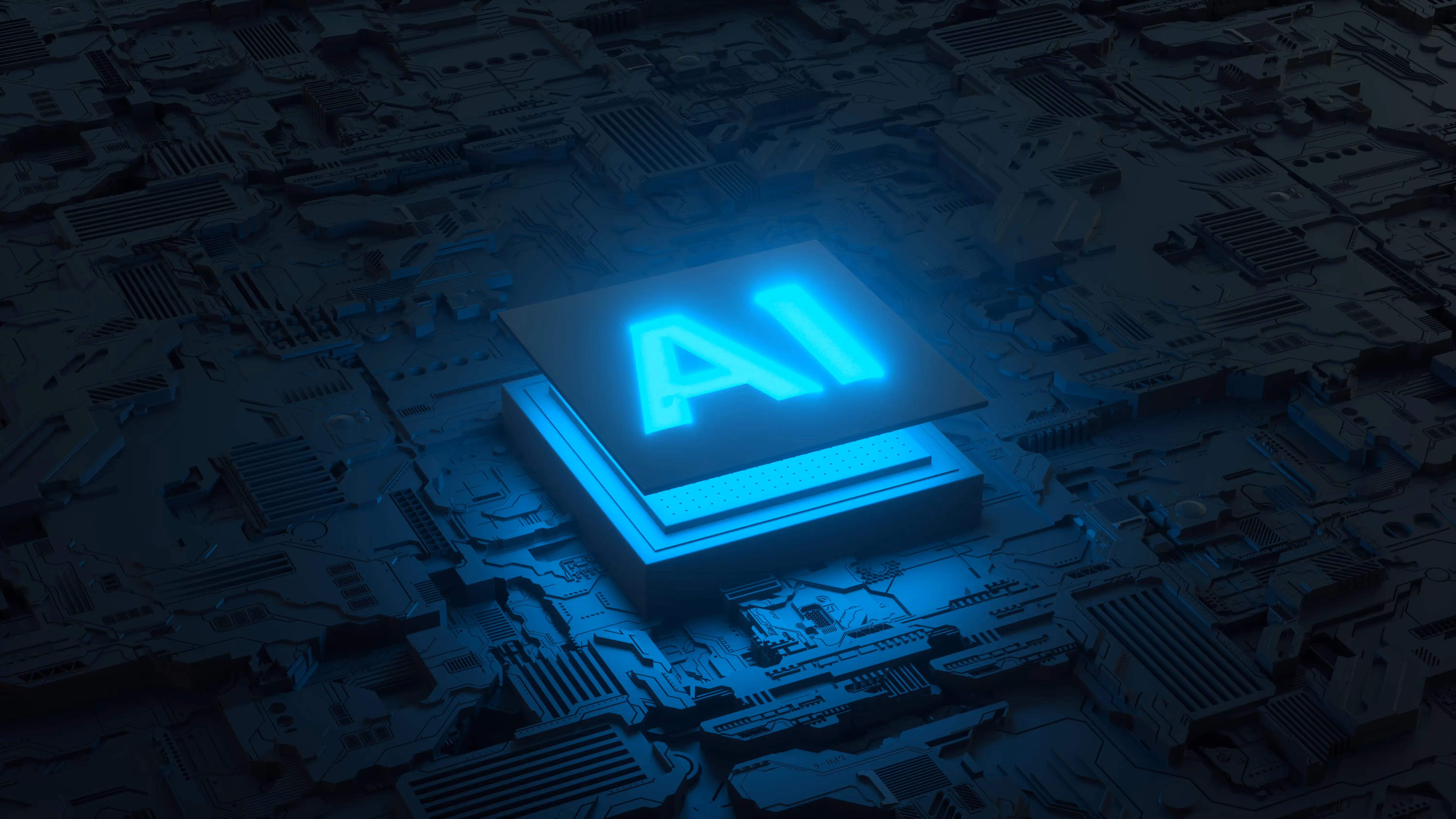 An abstract representation of artificial intelligence, featuring a circuit board and AI microprocessor, symbolizing the debate on whether AI poses a threat to creative professionals in the job market.