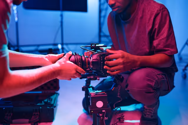 An operator setting up a camera with assistance, illustrating the process of converting videos into elegant, lightweight Lottie animations for web integration, as described in the guide.