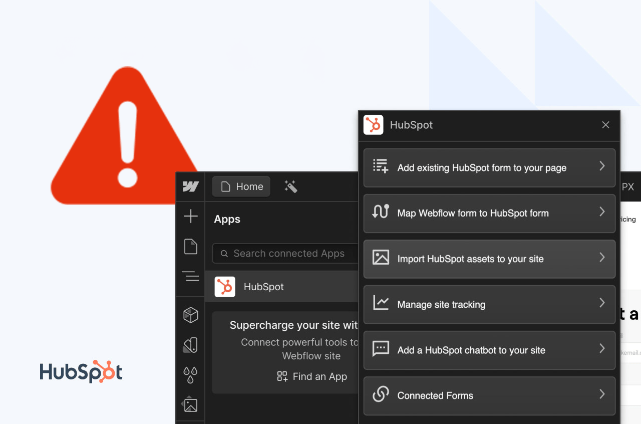 A troubleshooting guide for fixing connection issues between Webflow and HubSpot using the HubSpot app, focusing on common causes and solutions such as two-factor authentication (2FA) requirements, permissions, and app installation steps.