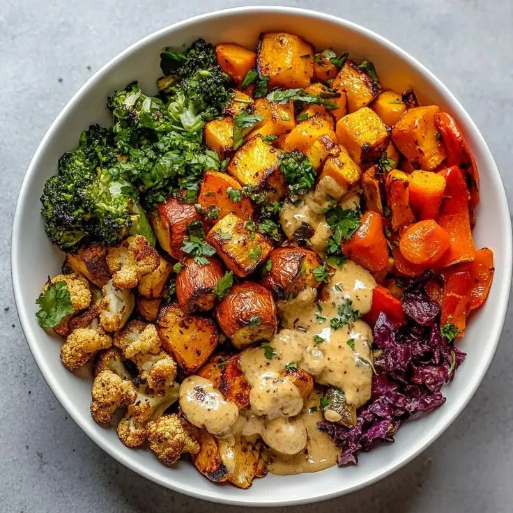 This may contain: a white bowl filled with different types of vegetables