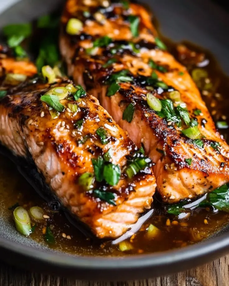 This may contain: two salmon fillets on a plate with sauce and green garnish, ready to be eaten