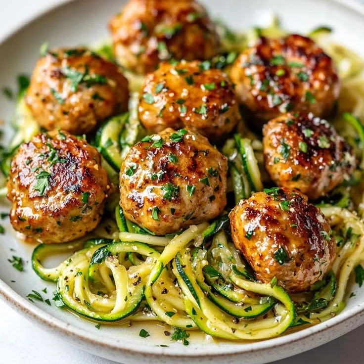 This may contain: pasta with meatballs and zucchini noodles in a white bowl