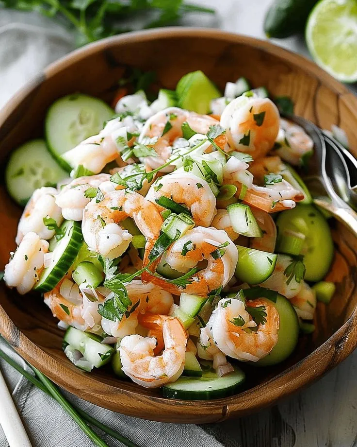 This may contain: a wooden bowl filled with cucumber and shrimp salad on top of a table