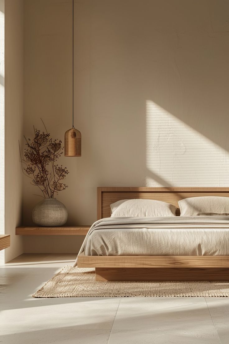 This may contain: a bed sitting in the middle of a bedroom next to a window with sunlight streaming through it