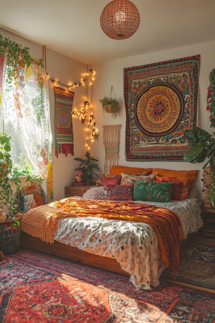 This may contain: a bedroom with lots of plants and rugs on the floor, lights hanging from the ceiling