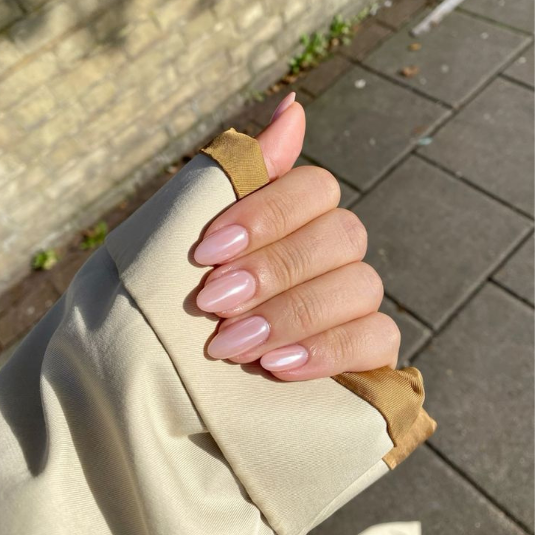 Pink/glossy almond shaped.