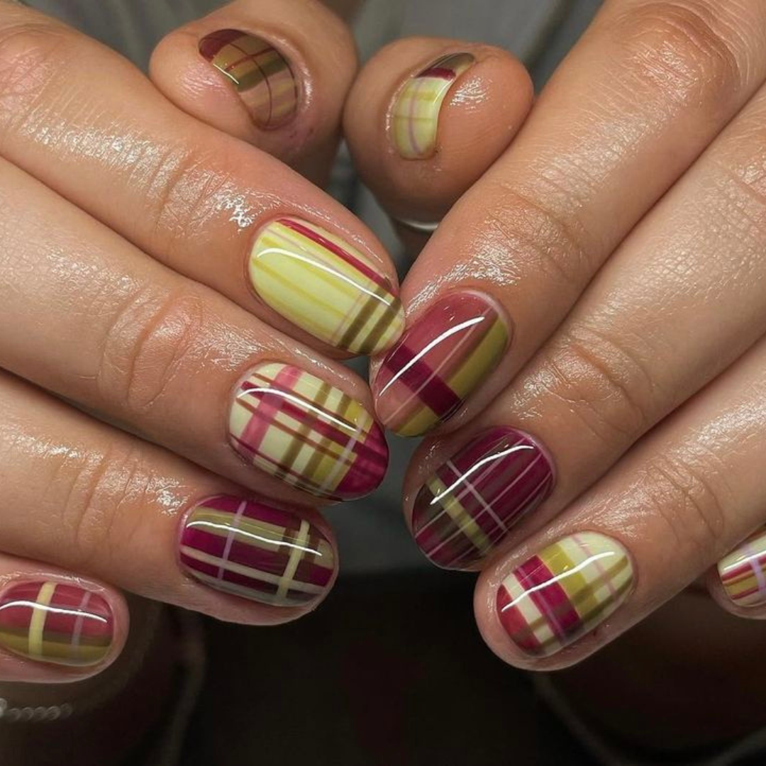 Pink, yellow, and green plaid nails.