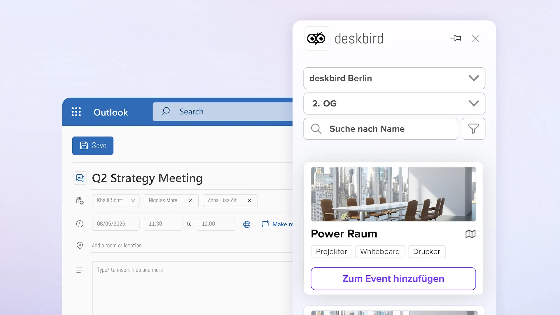 deskbird -Add-In für die Raumbuchung