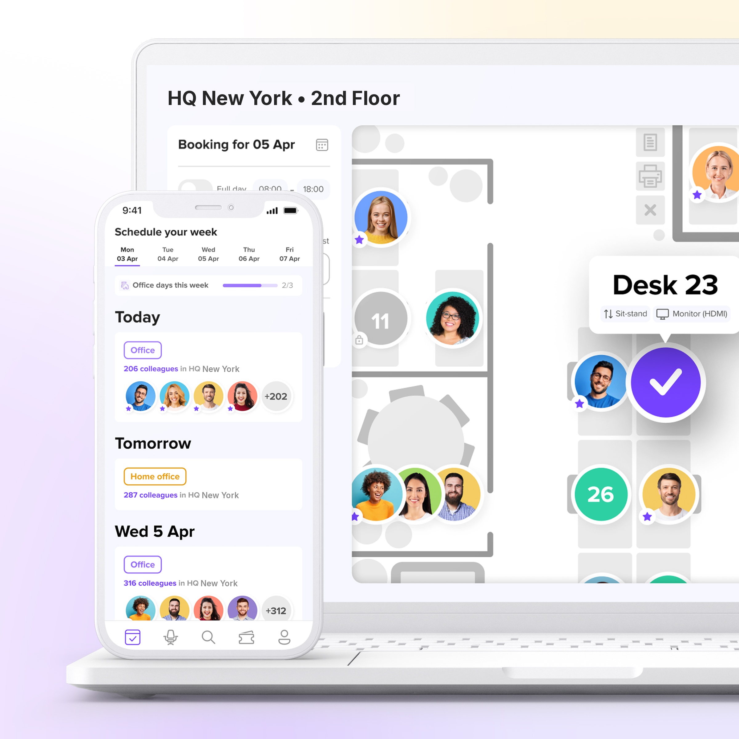 deskbird App zur Tischreservierung, dargestellt auf einem Laptop und einem Smartphone, zur Planung von Tischen in der Zentrale in London