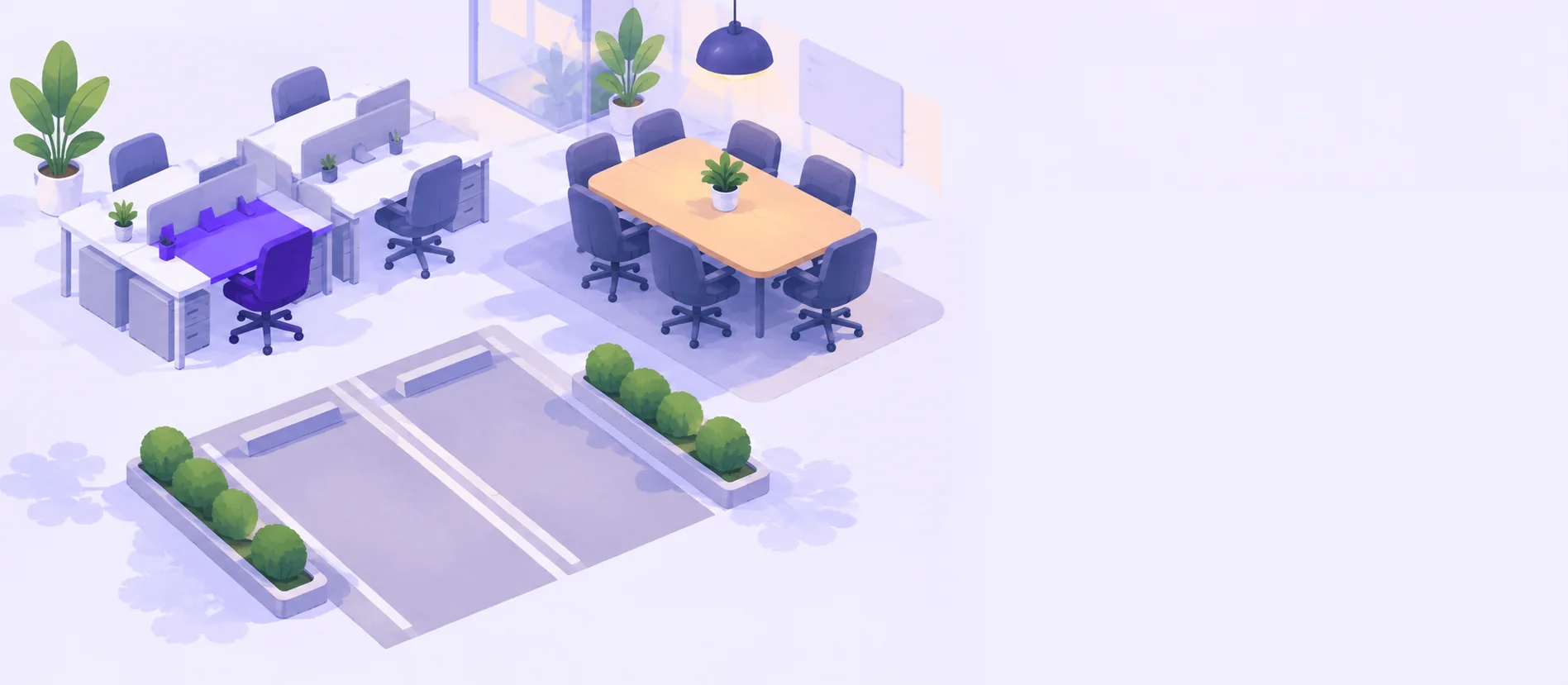 Illustration of an office floor with individual desks, a meeting room and parking bays