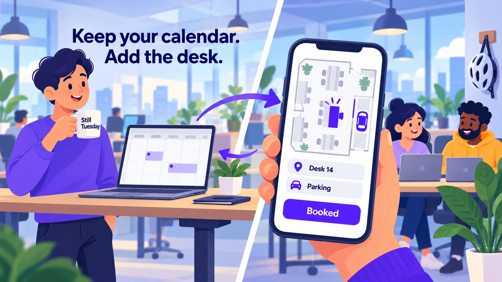 A man keeps his meetings in his usual calendar while booking desk 14 and a parking space on his phone, with colleagues working together in the background