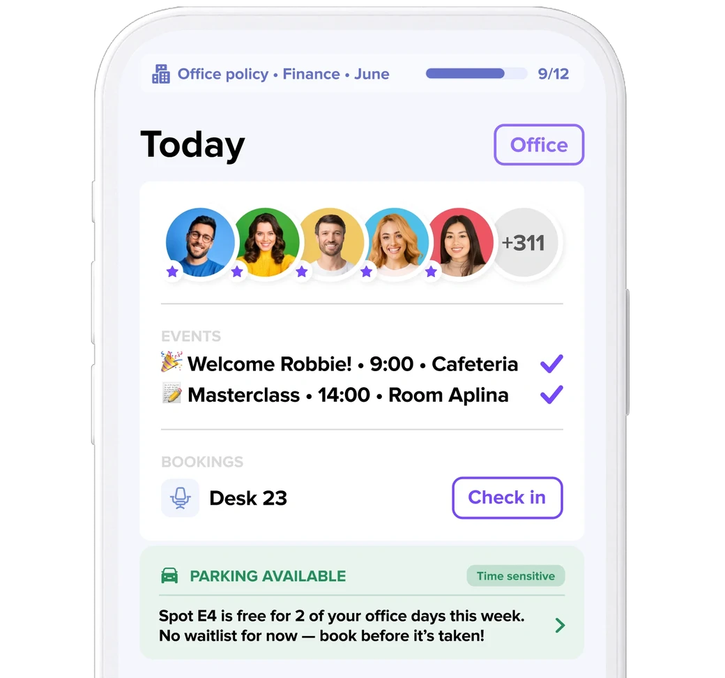deskbird app showing today’s office schedule, colleagues, bookings and parking