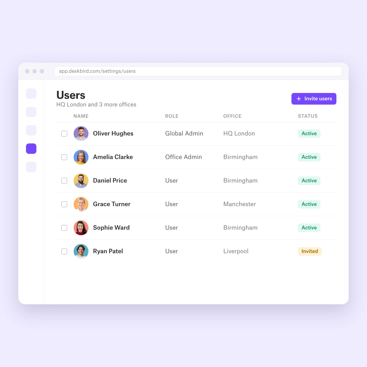 deskbird vista amministratore in una finestra del browser che elenca gli utenti delle sedi centrali di Londra, Birmingham, Manchester e Liverpool, con un nuovo collega invitato