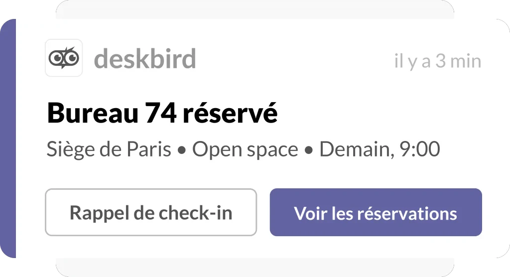 Benachrichtigung „ deskbird “ im E-Mail-Postfach: Büro 74 am Hauptsitz in Paris reserviert, morgen um 9:00 Uhr
