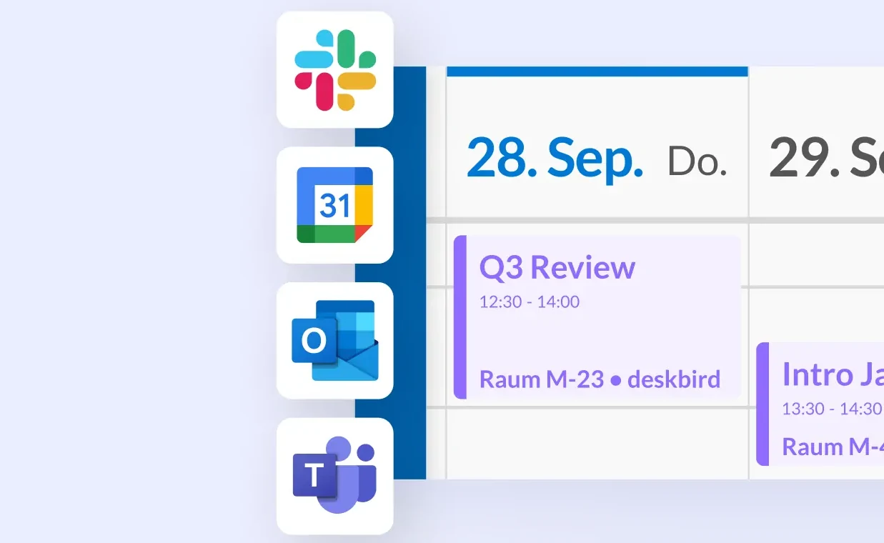 Gebuchter Raum M-23 im Kalender, synchronisiert mit Outlook, Teams und Google