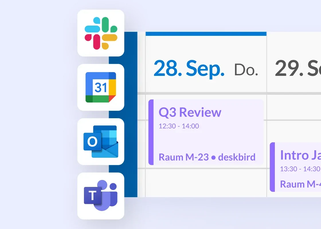 Gebuchter Raum M-23 im Kalender, synchronisiert mit Outlook, Teams und Google