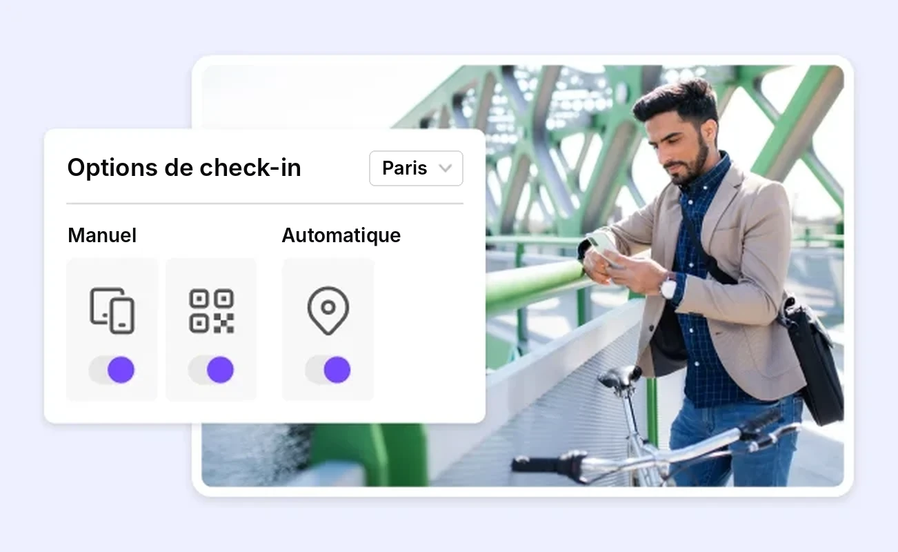 Options de check-in dans deskbird : manuel par application ou QR code, automatique par géolocalisation