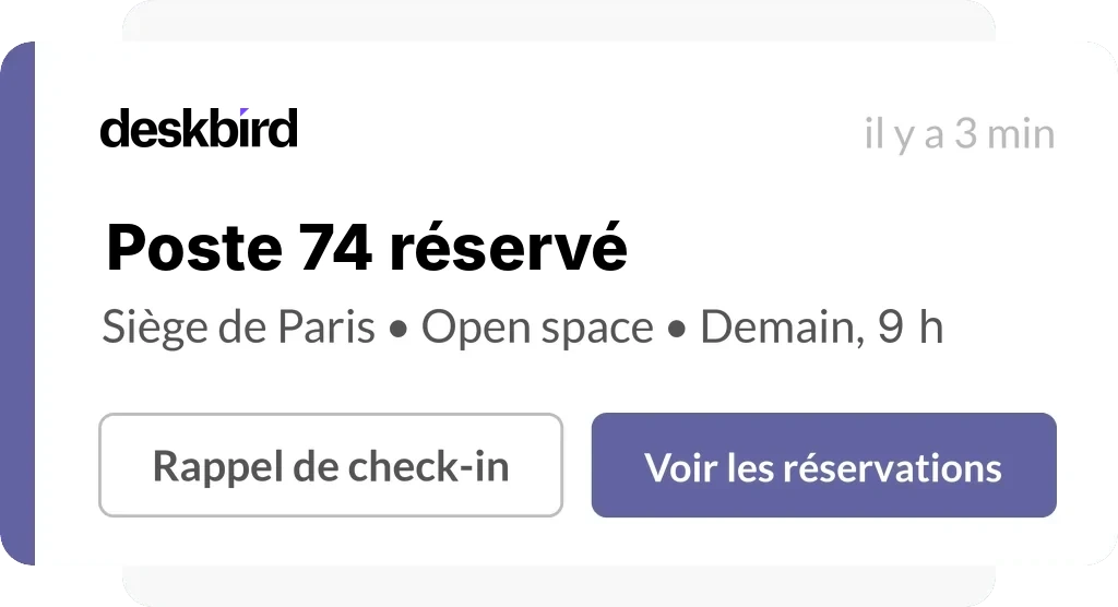 Notification deskbird : poste 74 réservé au siège de Paris