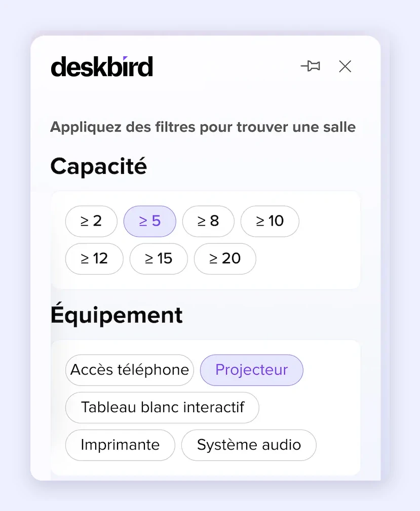 Filtres de salle par capacité et équipement dans deskbird