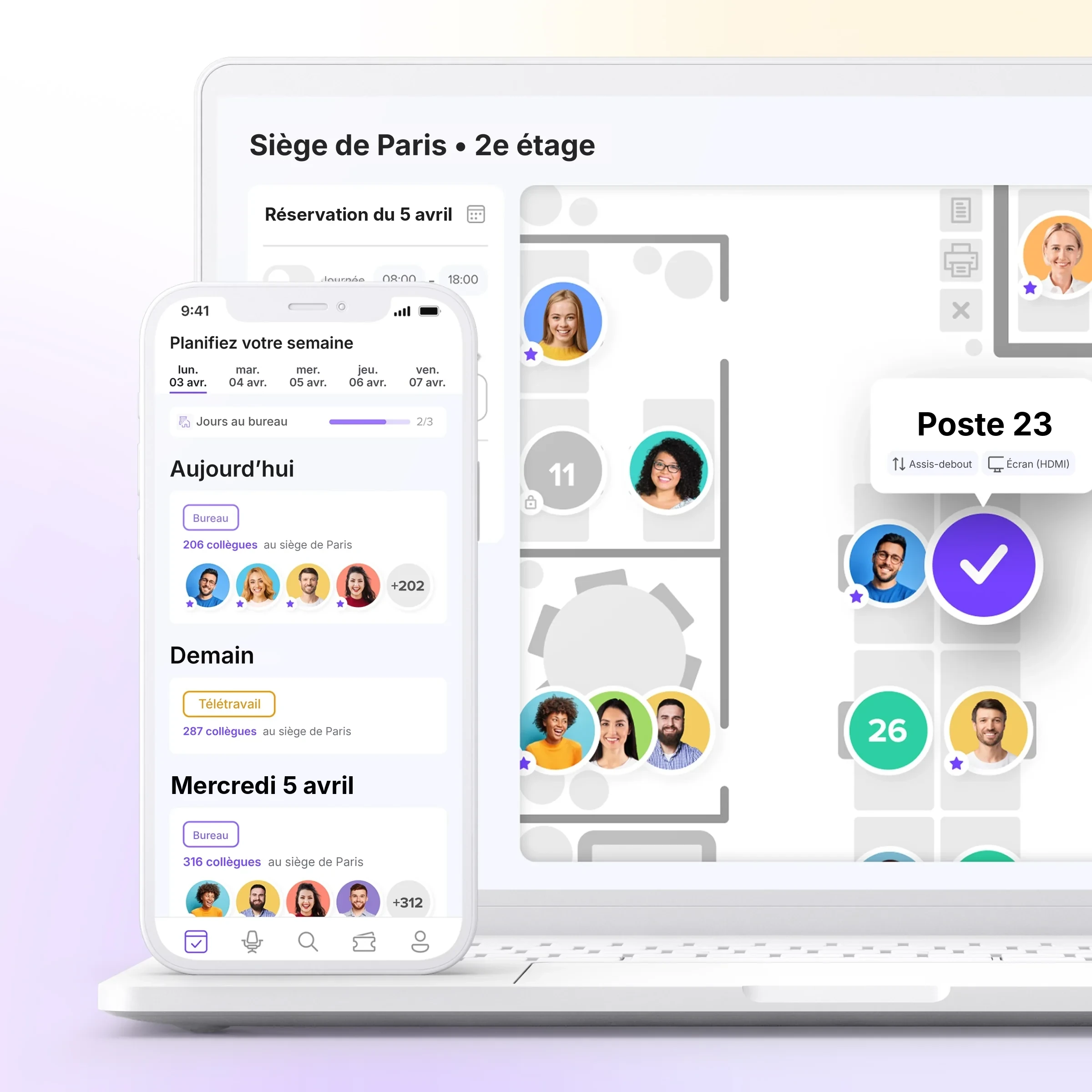deskbird sur ordinateur et smartphone : planning de la semaine et plan d’étage du siège de Paris