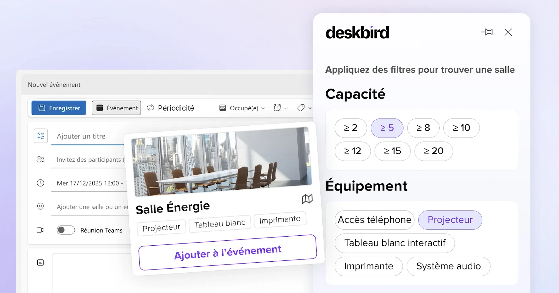 Salle Énergie ajoutée à une réunion depuis Outlook avec deskbird