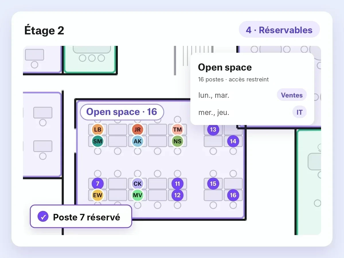 Plan du 2e étage dans deskbird avec les postes réservables